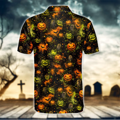 Alternate back view of the festive halloween polo shirt