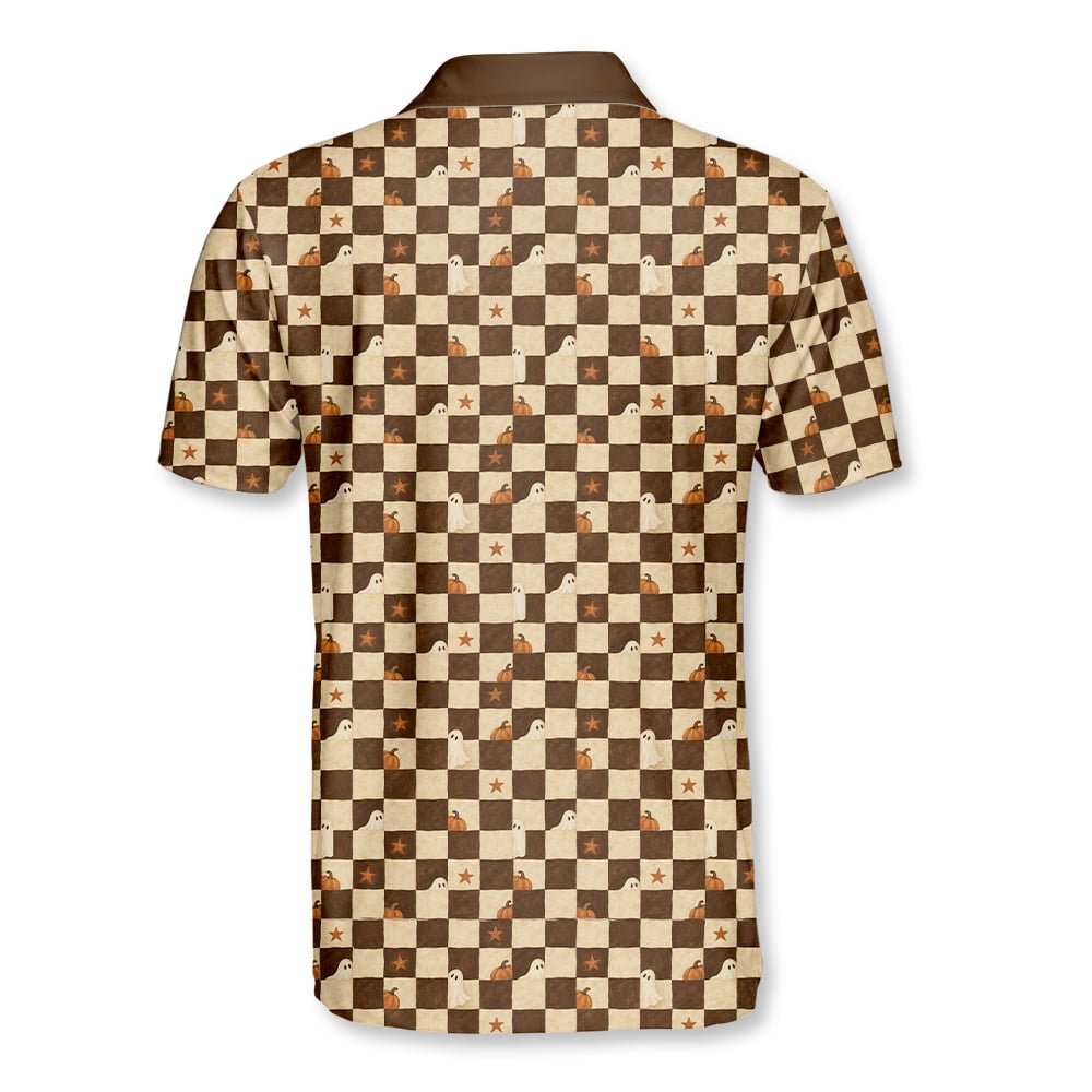 Brown halloween polo shirt with ghost and pumpkin checkerboard pattern, back view 2