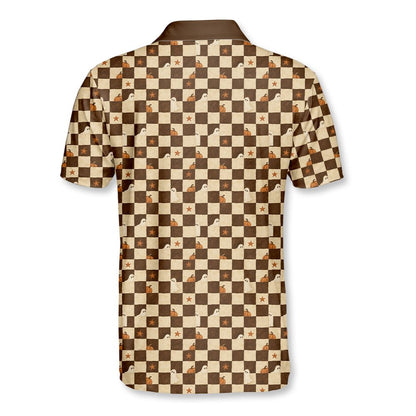 Brown halloween polo shirt with ghost and pumpkin checkerboard pattern, back view 2