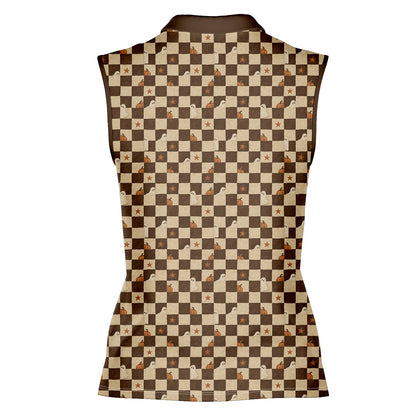 Brown halloween polo shirt with ghost and pumpkin checkerboard pattern, back view 3
