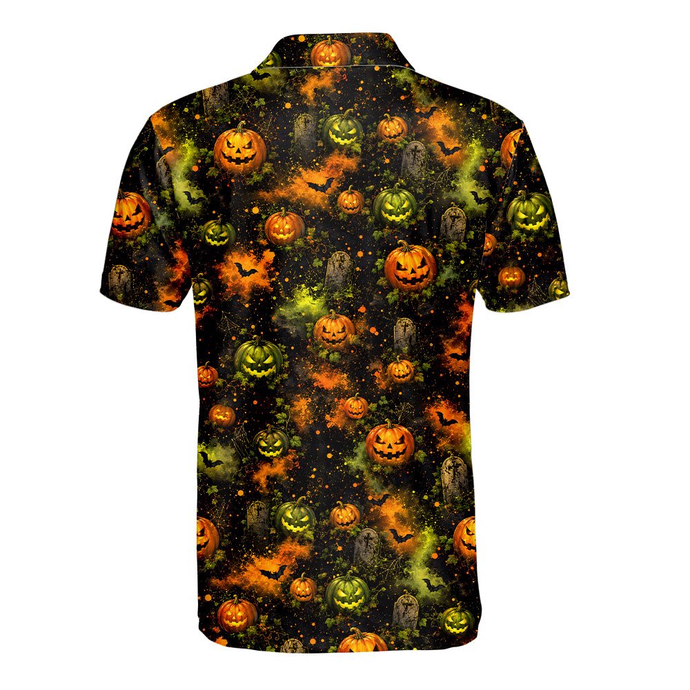 Back view of the custom polo shirt with spooky Halloween design