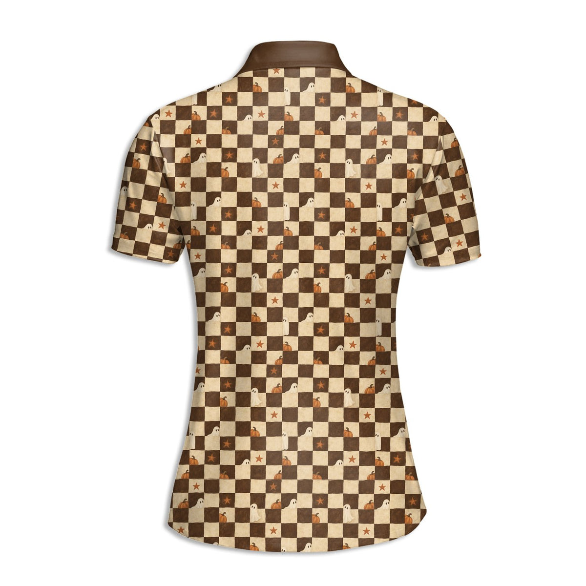 Brown halloween polo shirt with ghost and pumpkin checkerboard pattern, back view