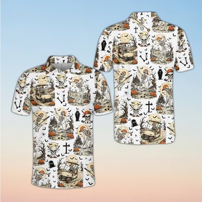 Front view of the skeleton golf Halloween polo shirt