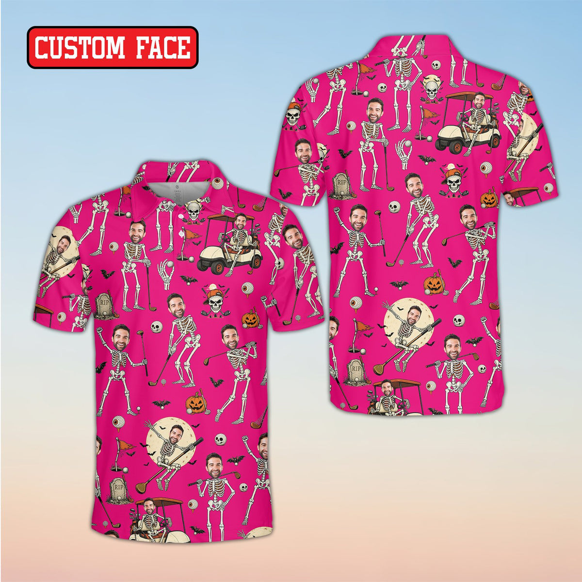 Front view of multicolor personalized Halloween polo shirt with custom faces