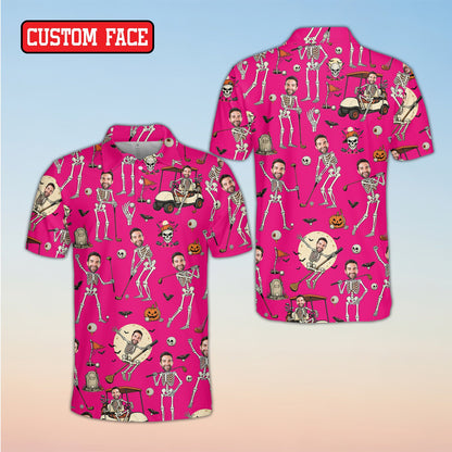 Front view of multicolor personalized Halloween polo shirt with custom faces