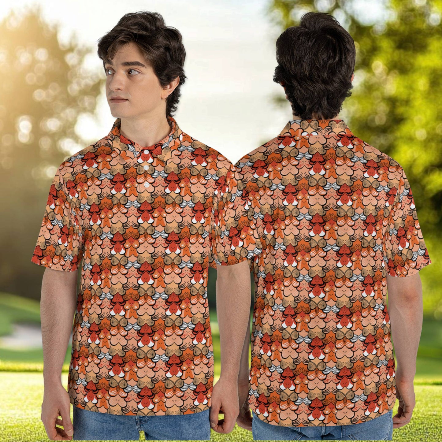 Front view of the Halloween scale motif polo shirt