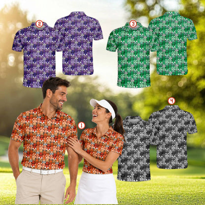 Detail front view of the Halloween pattern polo shirt