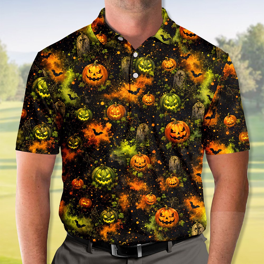 Close-up front view of jack-o'-lanterns on polo shirt