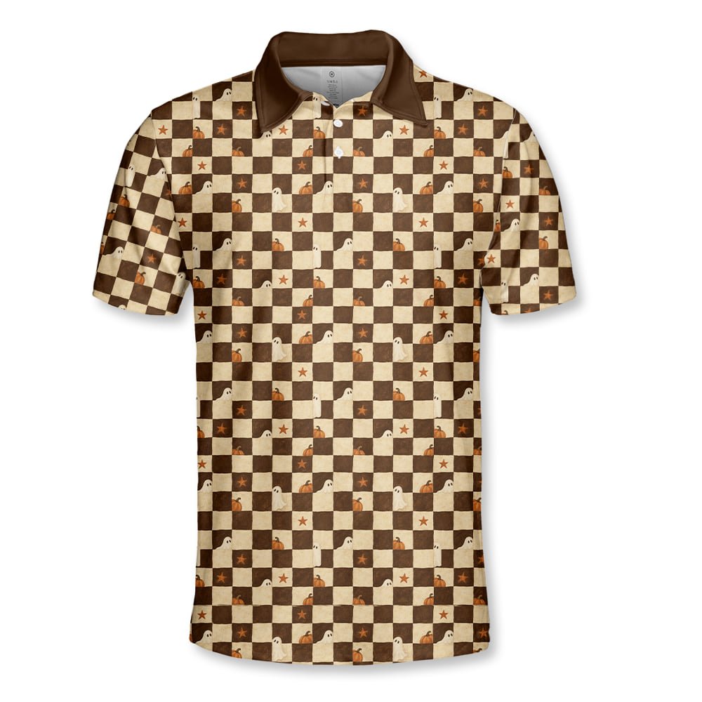 Brown halloween polo shirt with ghost and pumpkin checkerboard pattern, front view 2