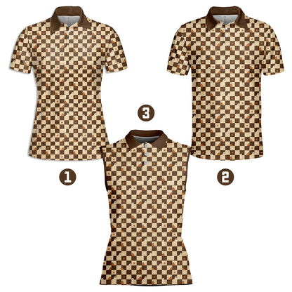 Brown halloween polo shirt with ghost and pumpkin checkerboard pattern, front view 3