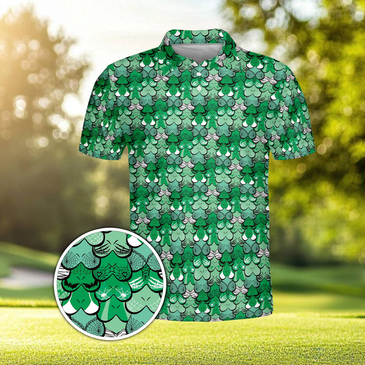 Close up front view of the playful Halloween scale polo shirt