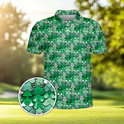 Close up front view of the playful Halloween scale polo shirt