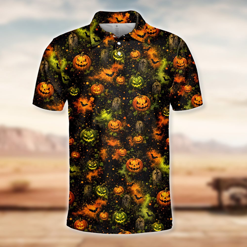Lower front view of the black halloween polo shirt