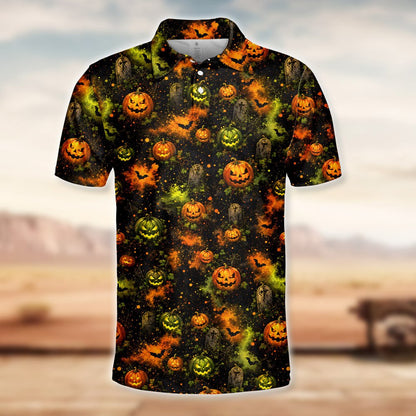 Lower front view of the black halloween polo shirt