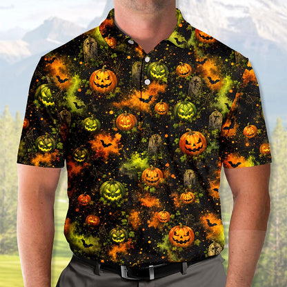Custom polo shirt with spooky Halloween jack-o'-lantern design, main view