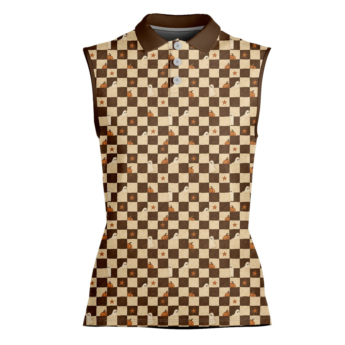 Brown halloween polo shirt with ghost and pumpkin checkerboard pattern, front view