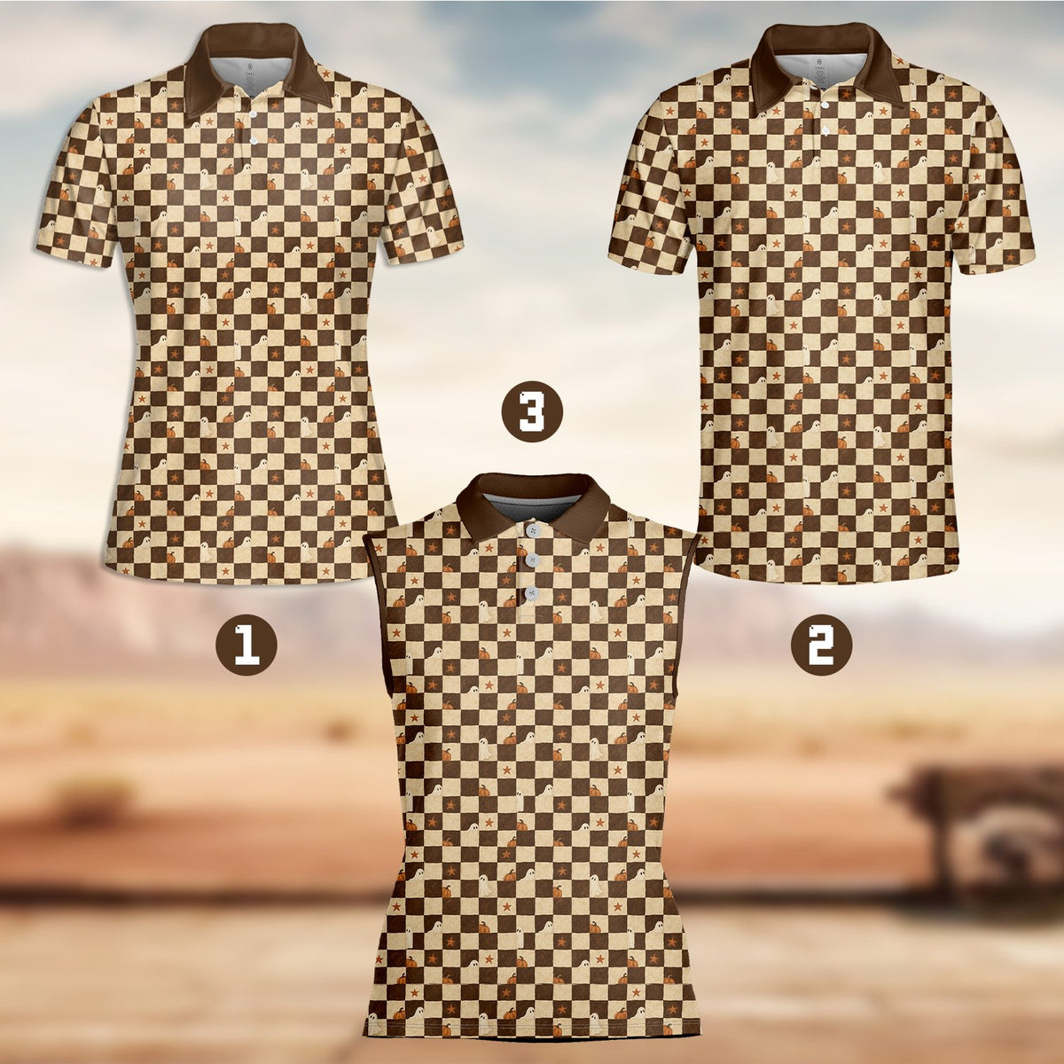 Second lifestyle view of an adult wearing the brown halloween polo shirt