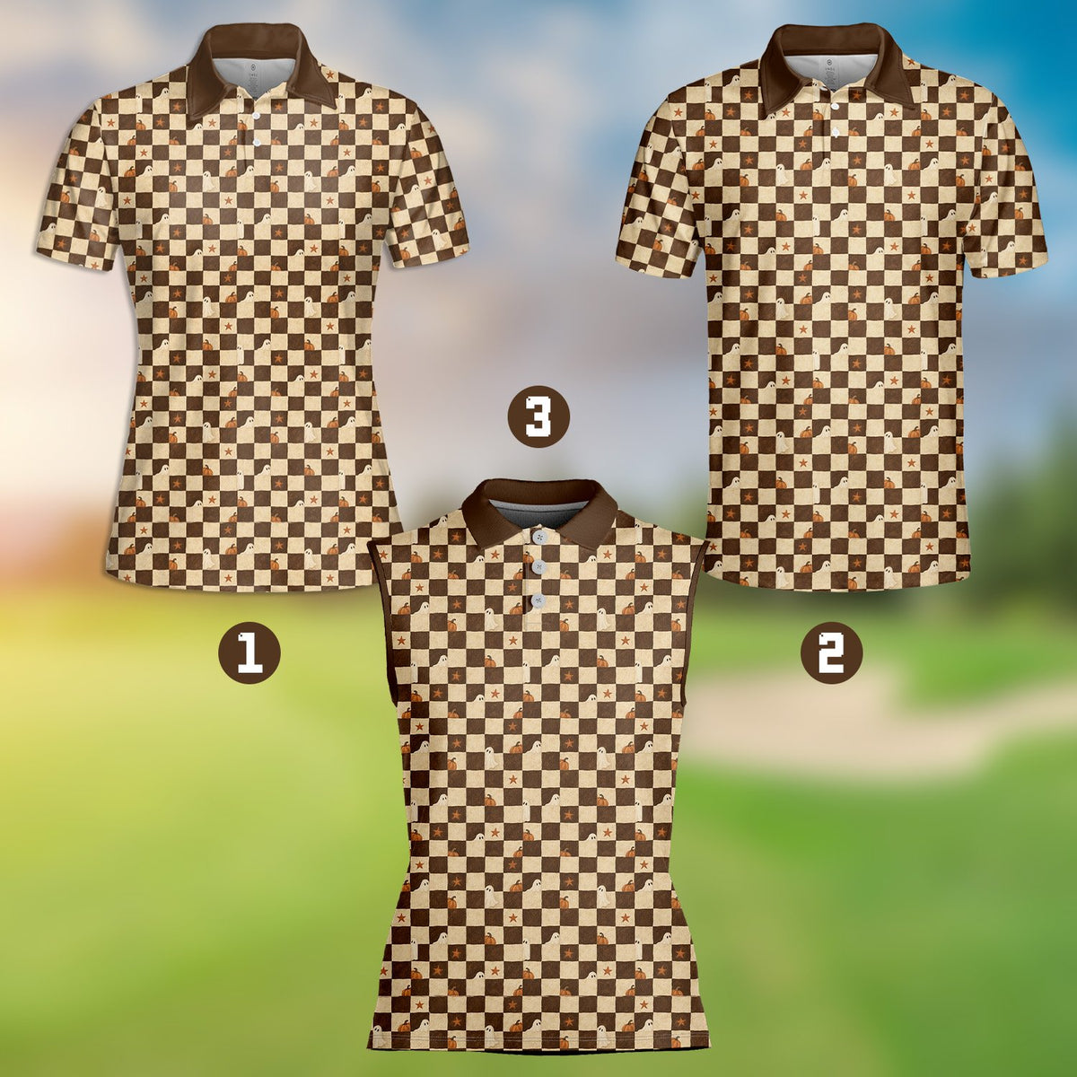 Lifestyle view of an adult wearing the brown halloween polo shirt