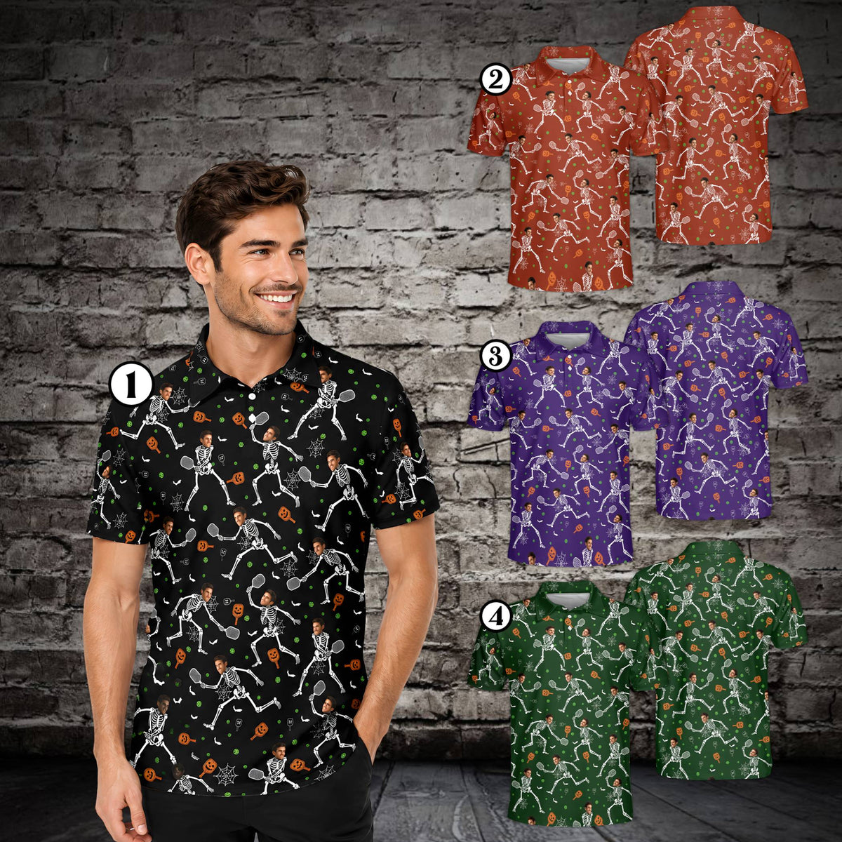 Multicolor details of the personalized polo shirt skeleton pickleball design