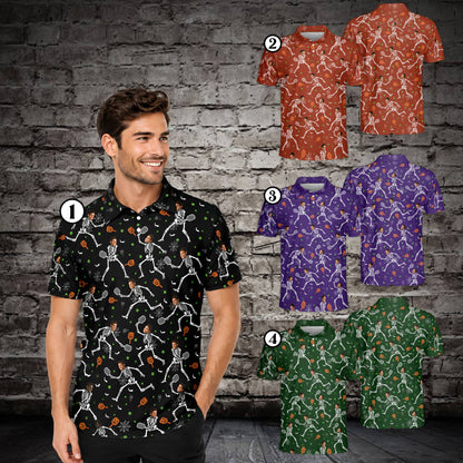 Multicolor details of the personalized polo shirt skeleton pickleball design