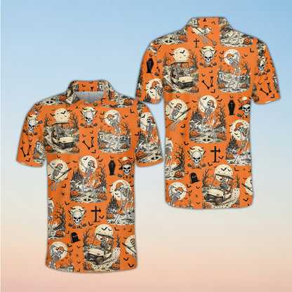 Detail view of the skeleton golf graveyard polo shirt print