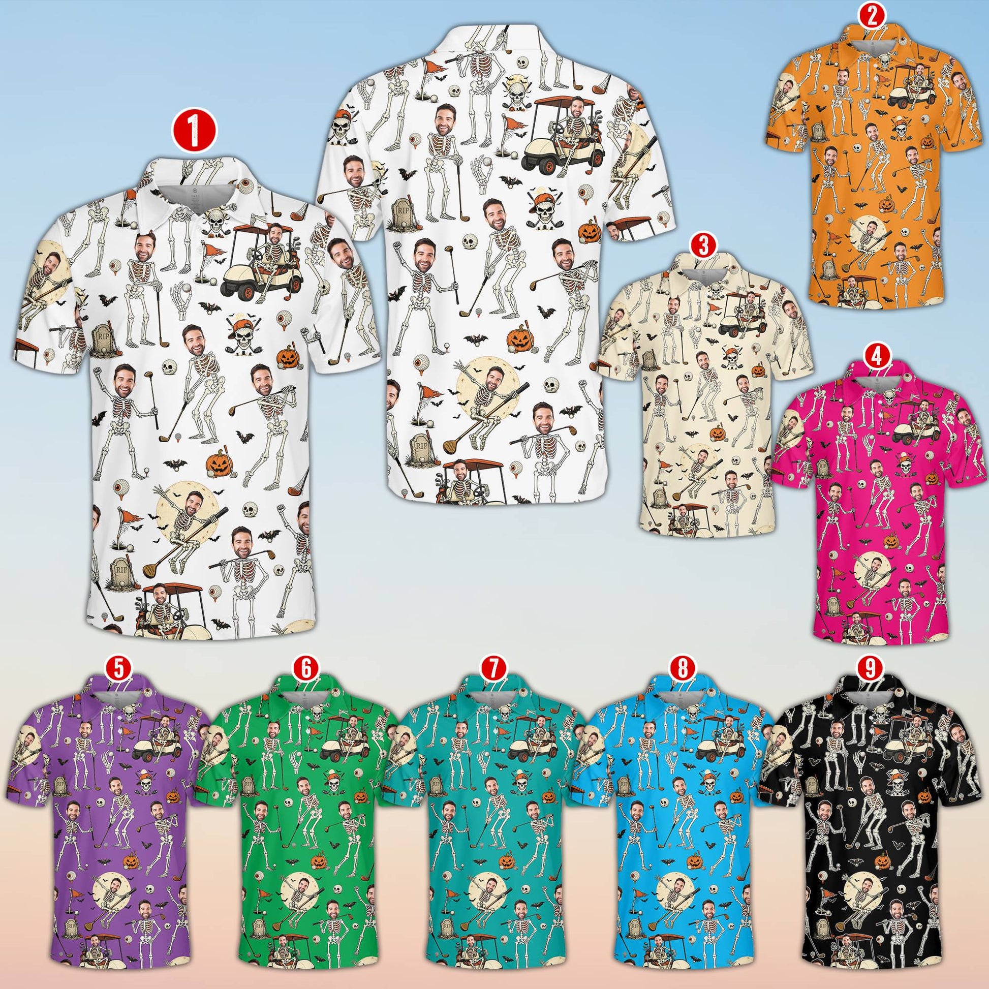 Detailed view of multicolor Halloween skeleton golf print polo