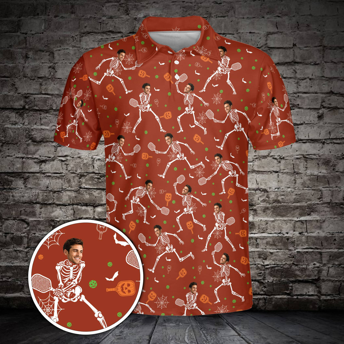Orange custom polo shirt with skeleton pickleball print and personalization, front view