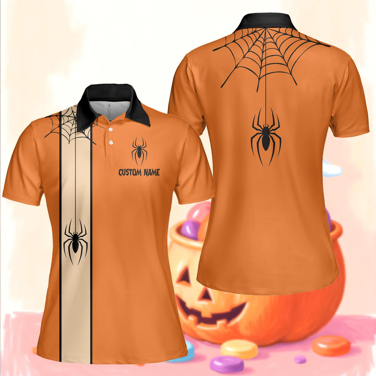 Close-up of the spider web pattern and cream vertical stripe on the polo