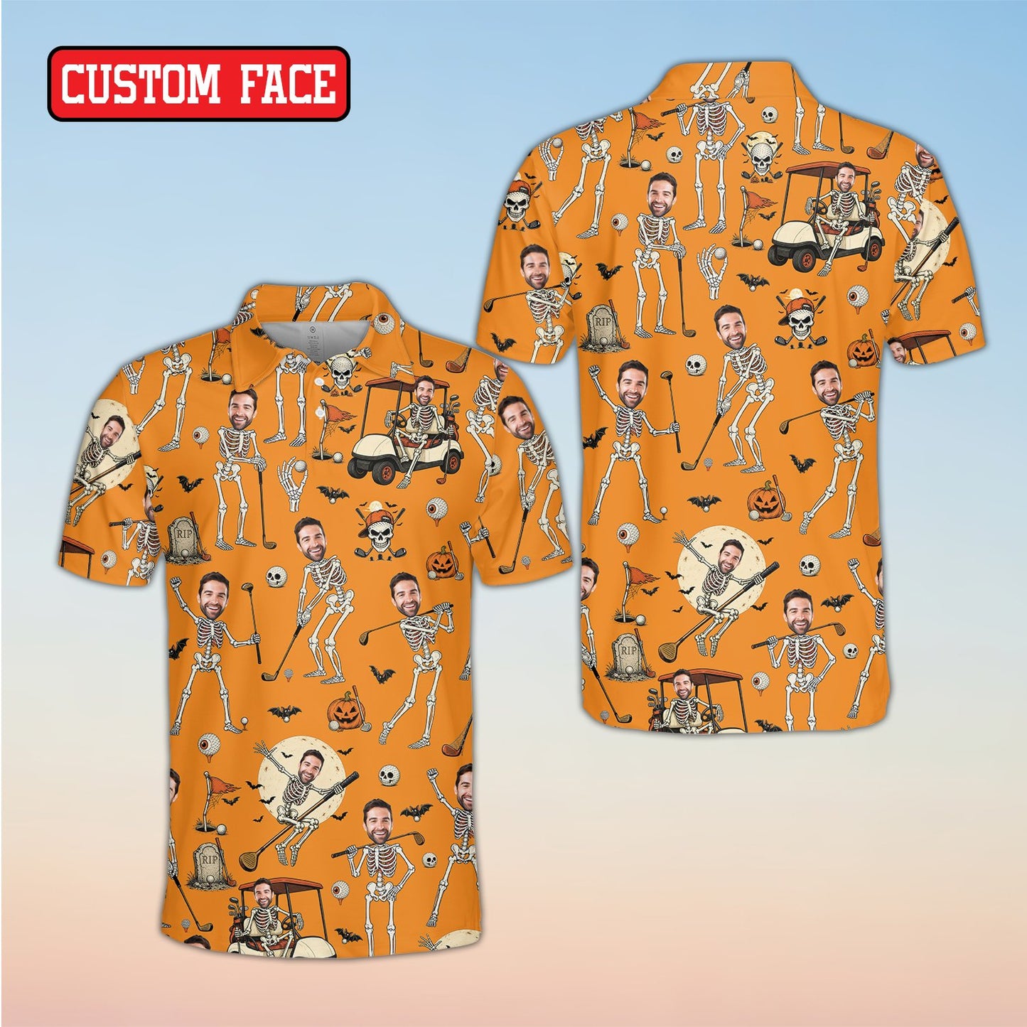 Front view of orange-toned personalized Halloween polo shirt
