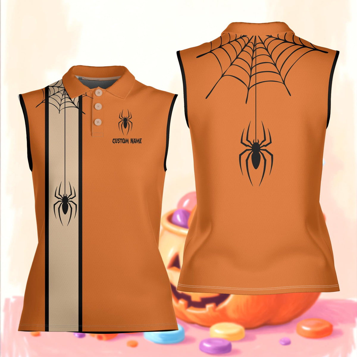 Front view of the customized spider web holiday polo shirt