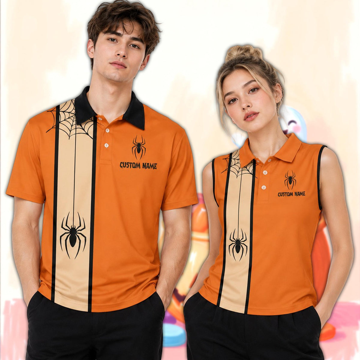 Lifestyle view of someone wearing the personalized holiday polo shirt