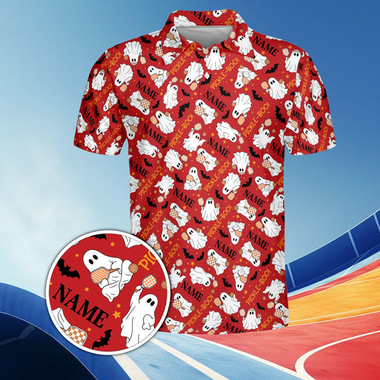 Personalized red halloween pickleball polo shirt with custom name and number, front view