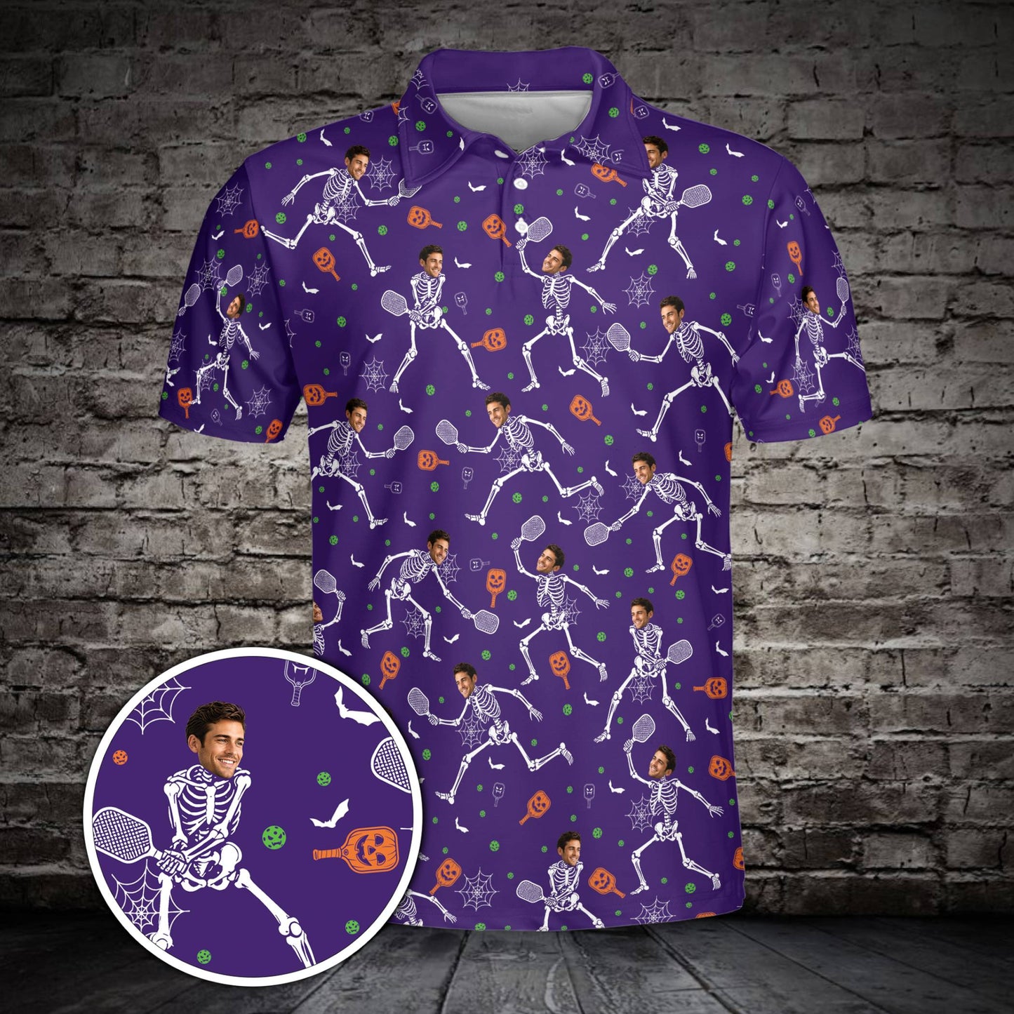 Purple Halloween polo shirt with custom skeleton pickleball design, front view