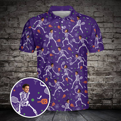 Purple Halloween polo shirt with custom skeleton pickleball design, front view