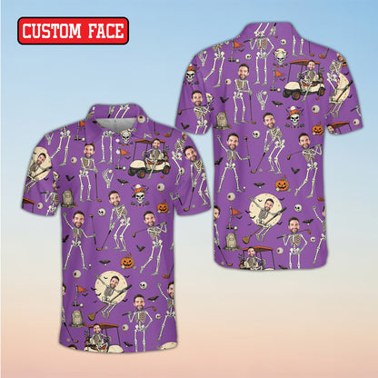 Front view of purple-toned personalized Halloween skeleton golf polo