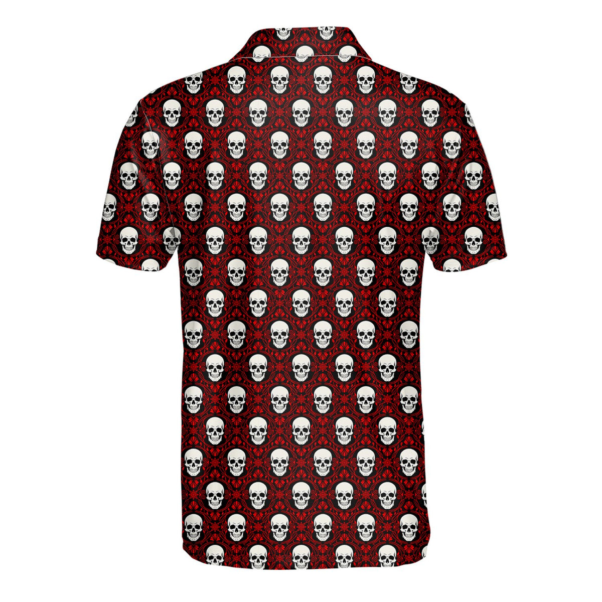 Second back view of the Halloween skulls polo shirt