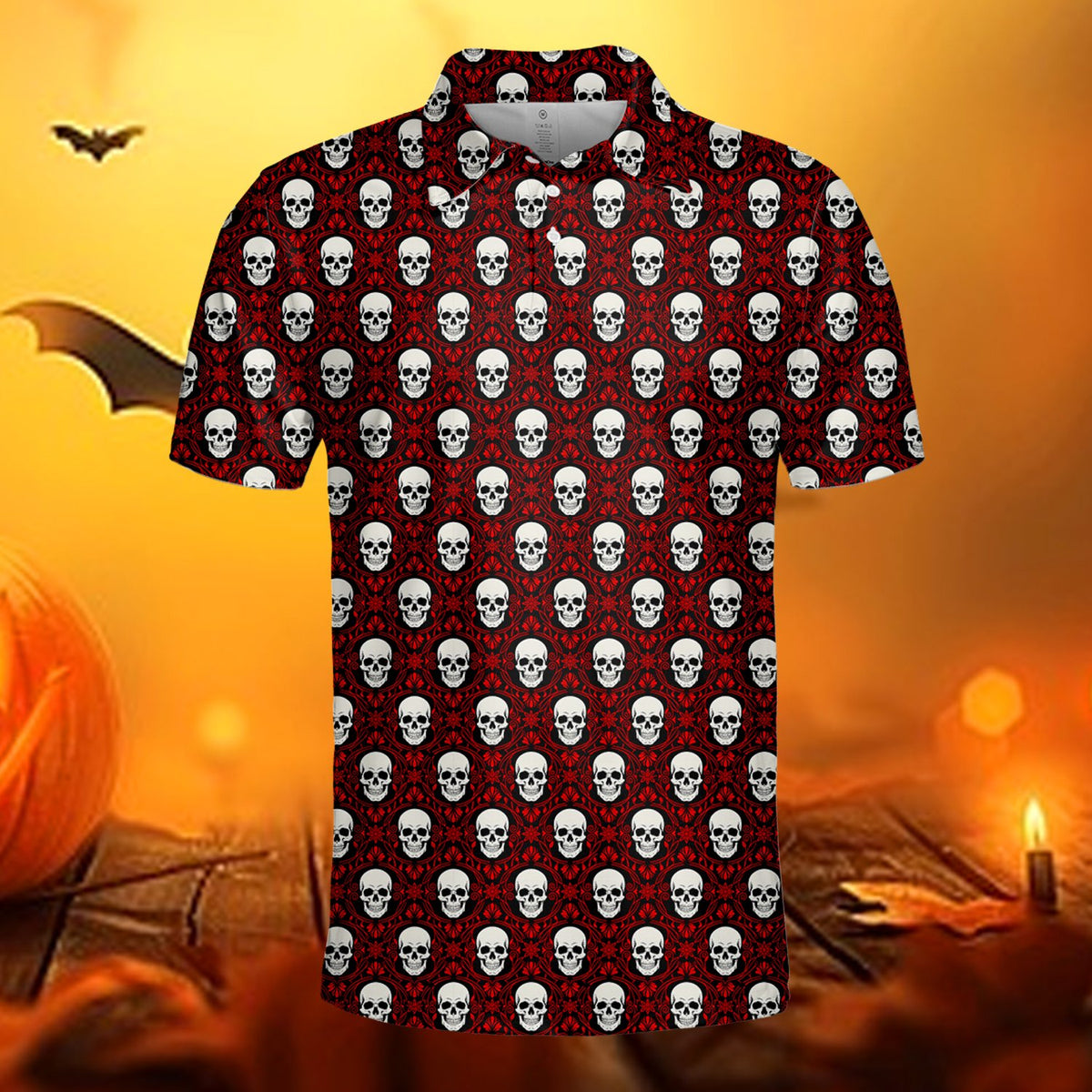 Back view of the skulls polo shirt with damask background