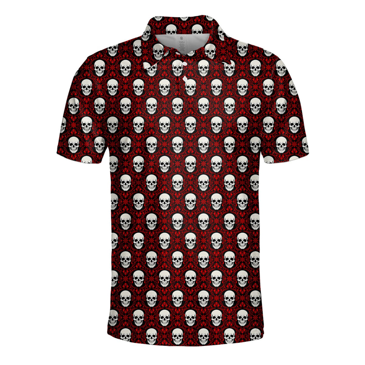 Front view of the red halloween polo shirt with skull pattern