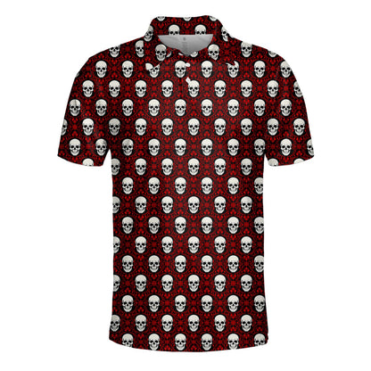 Front view of the red halloween polo shirt with skull pattern