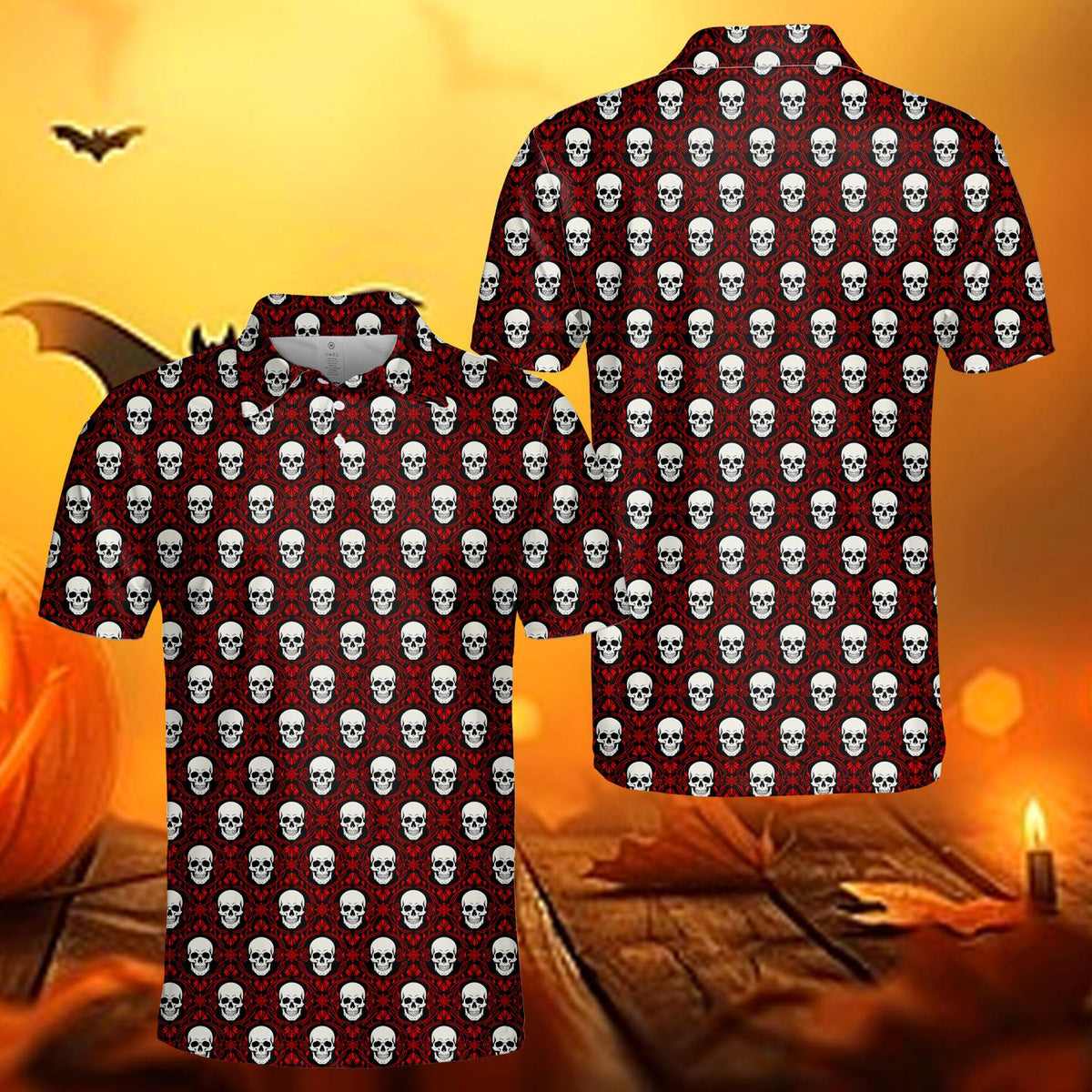 Holiday polo shirt featuring Halloween skulls on a red and black background, main view