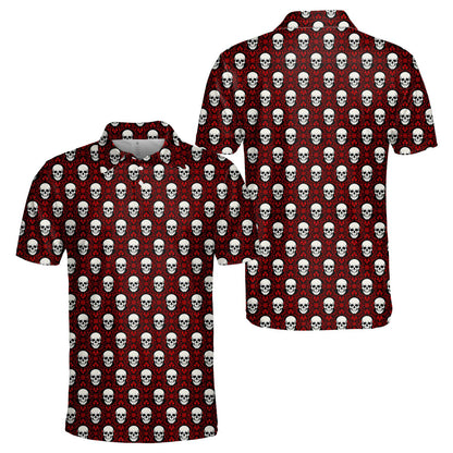 Close-up view of the white skulls and red damask pattern on the polo shirt