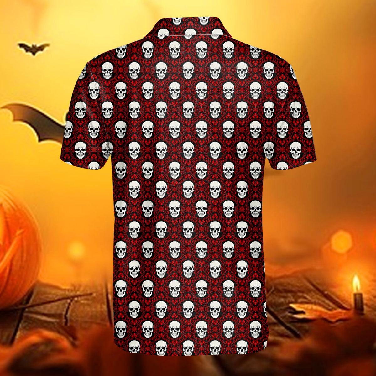 Additional view of the red and black holiday polo shirt