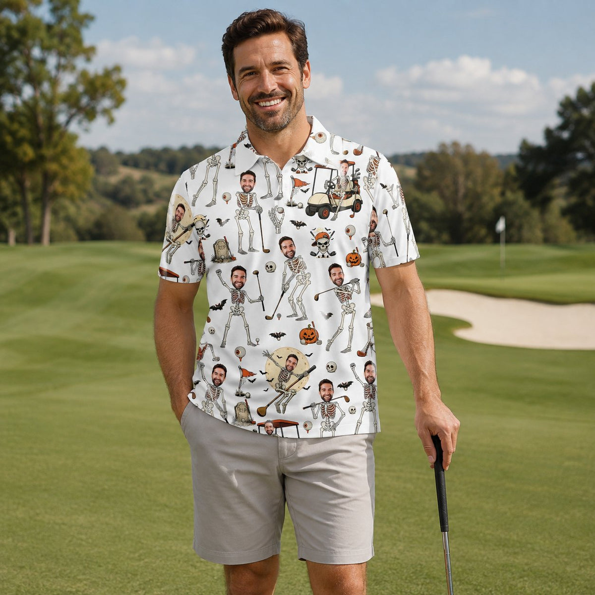 Close up view of personalized custom faces on skeletons on polo shirt