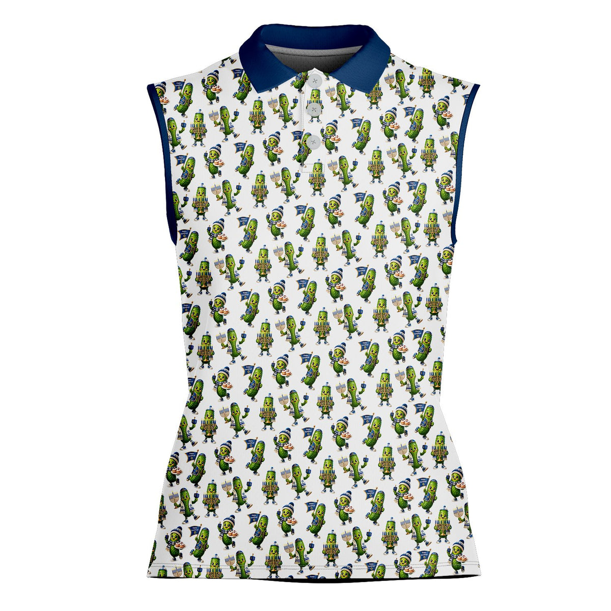 Close up front view of the hanukkah polo shirt showing dreidels and sufganiyot