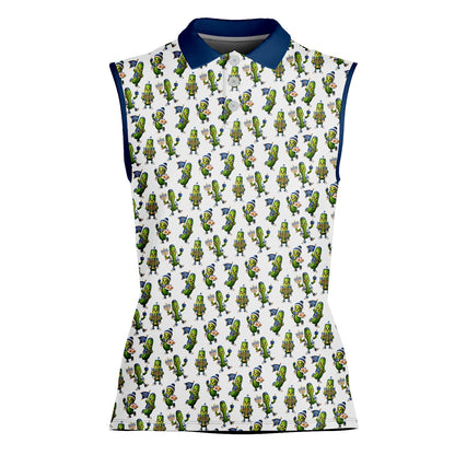 Close up front view of the hanukkah polo shirt showing dreidels and sufganiyot