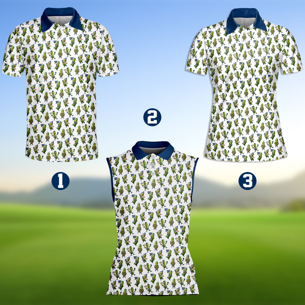 Front view of the winter polo shirt showing cartoon pickles in blue and white hats
