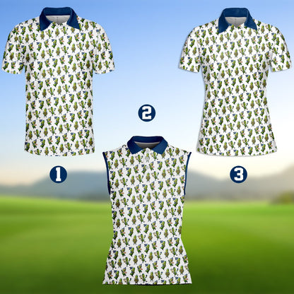 Front view of the winter polo shirt showing cartoon pickles in blue and white hats