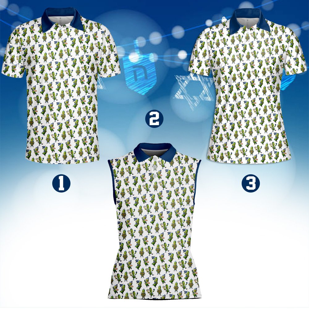 Detailed front view of the hanukkah pickle pattern polo shirt