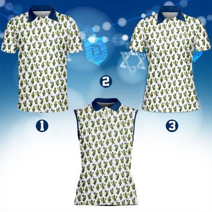 Detailed front view of the hanukkah pickle pattern polo shirt