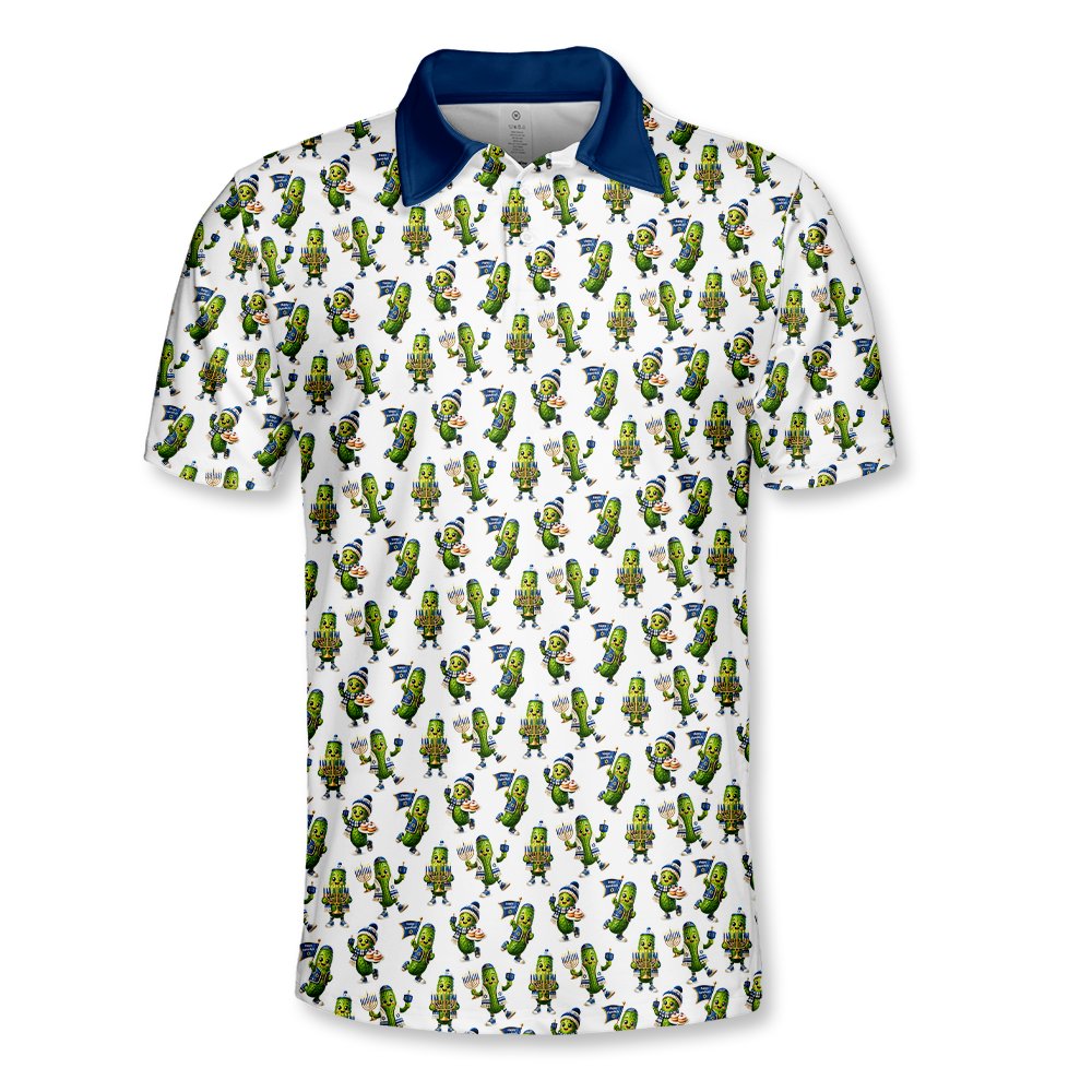Festive white hanukkah polo shirt featuring green pickles holding menorahs, main view